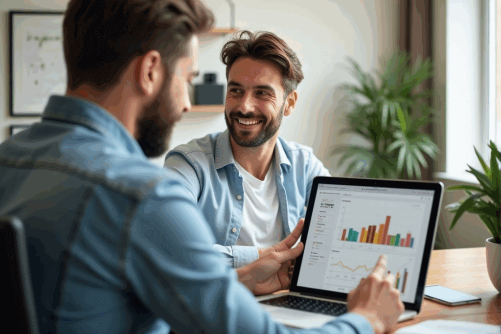 a passive real estate investor reviewing a portfolio or performance report in a modern home office.