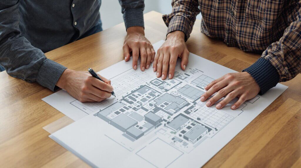  real estate investors and developers reviewing a site plan of a multifamily property in Indianapolis.