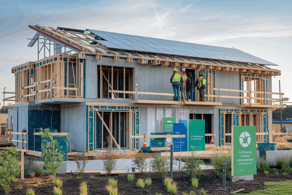 mid-rise building under development using eco-friendly practices — such as solar panels being installed, modular construction elements being placed, and sustainably sourced wood framing.